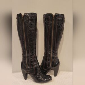 Sofft Dark Brown Patent Leather Tall Boots, Side Zipper Size 7M